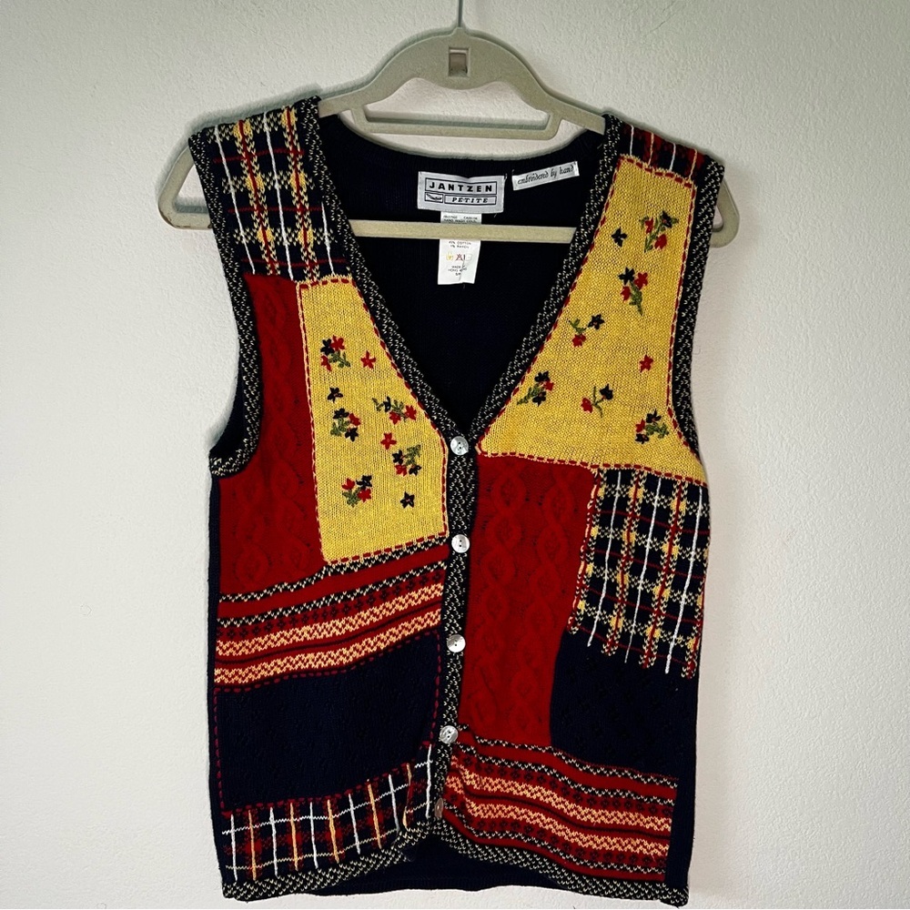 Vintage Hand Embroidered Patchwork Knit Sweater Vest Colorblock Cottagecore S/P - Picture 5 of 16
